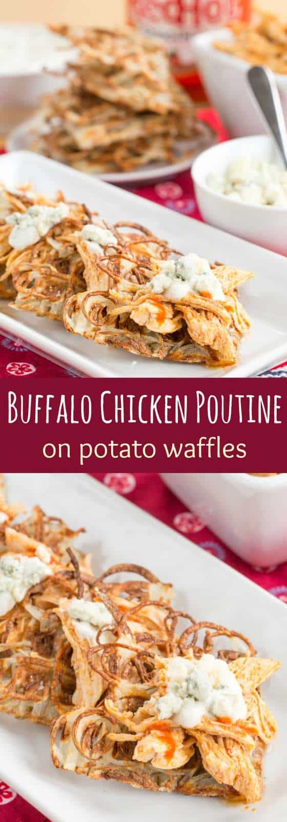 Buffalo Chicken Poutine on Potato Waffles - a fun and spicy version of the usual loaded French fries is great for dinner or snacking during the big game! | cupcakesandkalechips.com 