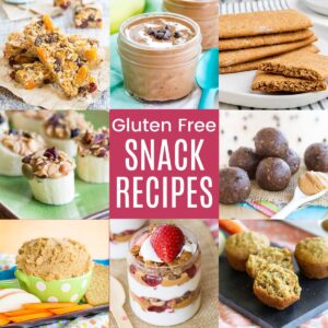 A three-by-three collage of homemade gluten free snacks like muffins, yogurt parfait, energy balls, graham crackers, chocolate pudding, and more with a pink box in the middle with text overlay that says "Gluten Free Snack Recipes".