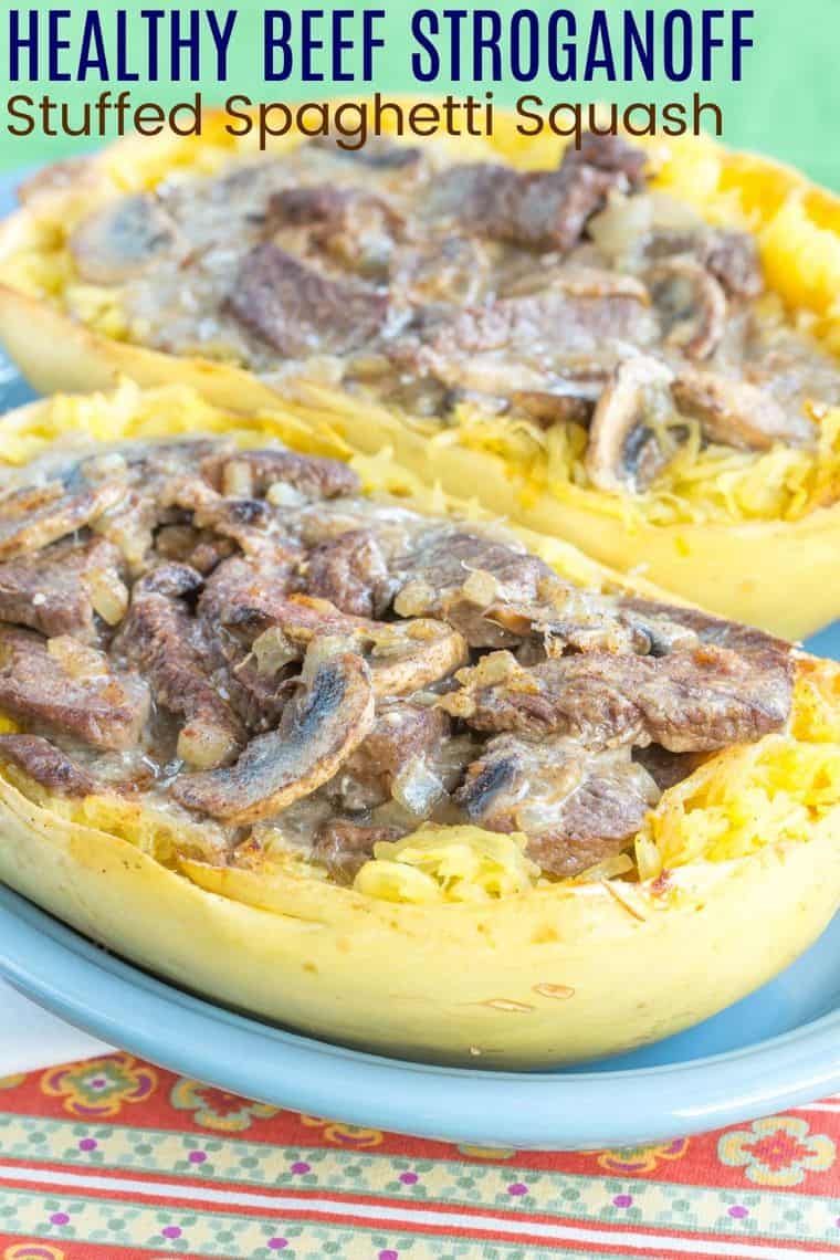 Two stuffed spaghetti squash with beef stroganoff