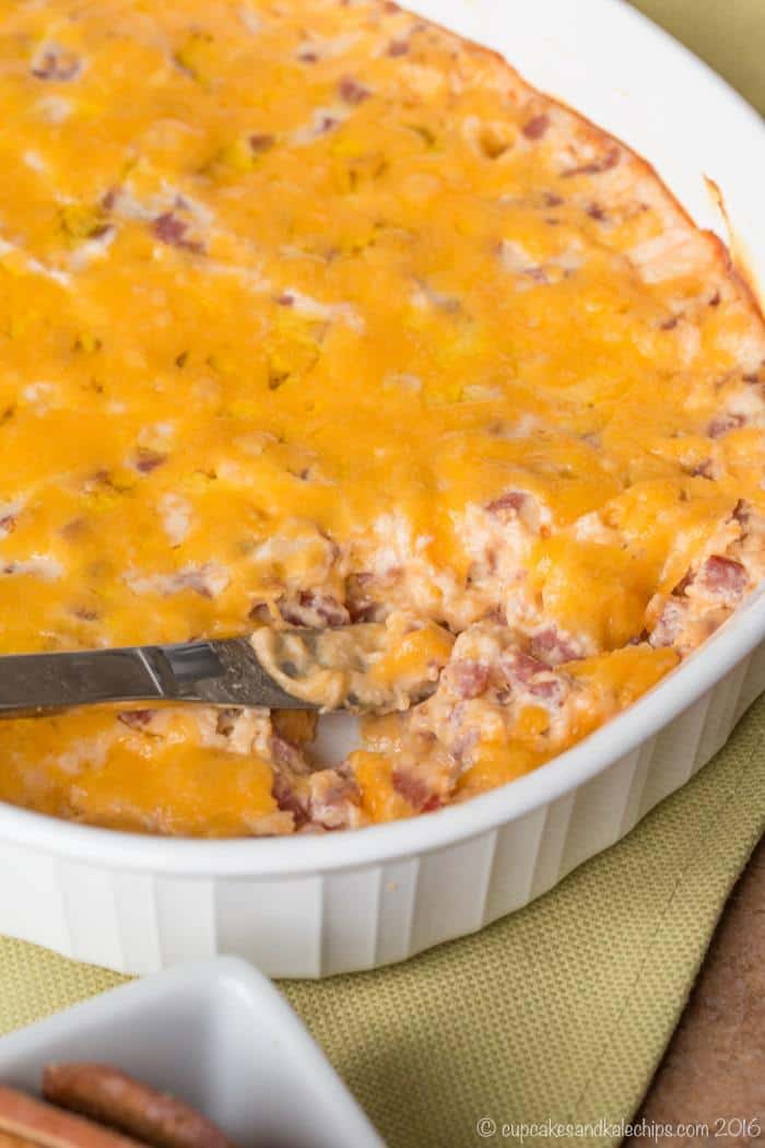 pork roll and cheese dip in a shallow casserole dish.