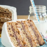 A slice of banana cake filled with Nutella and chocolate chip layers with a glass of milk in the background.