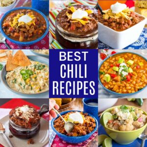 Collage of different types of chili in bowls and crocks.
