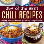 A collage of bowls of different chili recipes.