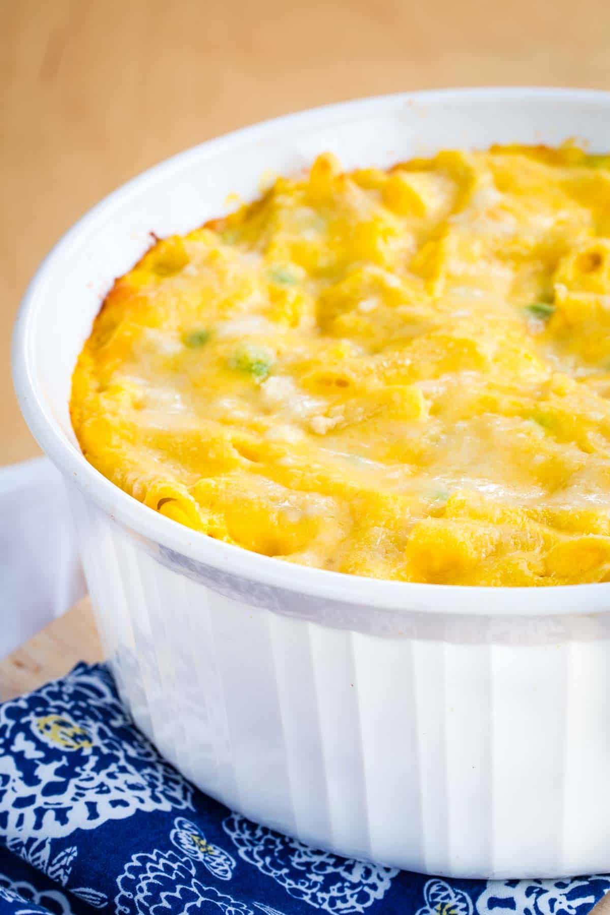 Butternut mac and cheese in a baking dish.