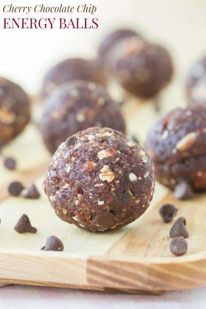Cherry Chocolate Chip Energy Balls - an easy healthy snack recipe with only a few ingredients that's nut-free and can be made gluten free and vegan. | cupcakesandkalechips.com
