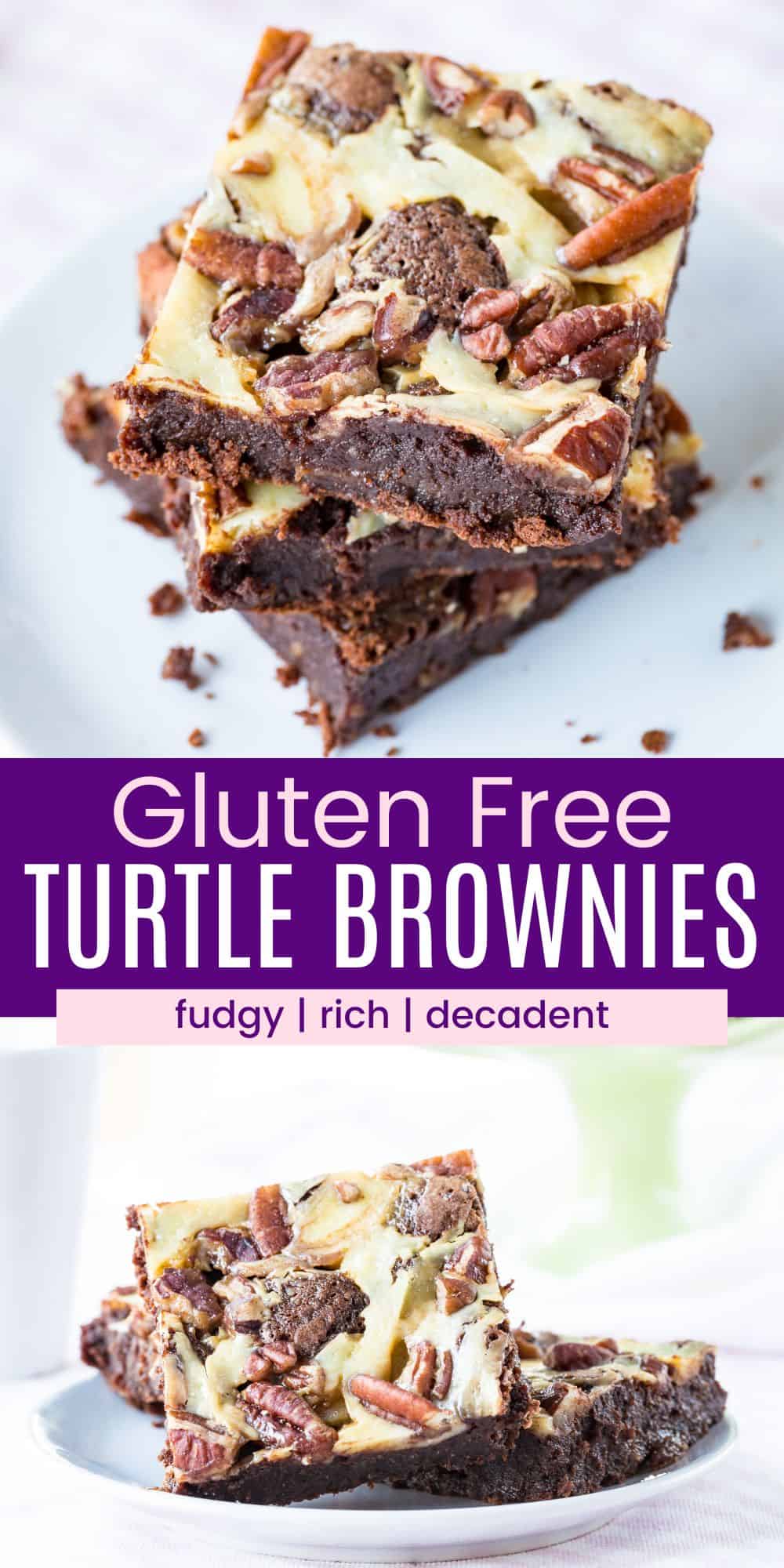 Flourless Turtle Cheesecake Brownies - this fudgy, naturally gluten free brownie recipe with the classic combination of chocolate, caramel, and pecans, plus a cheesecake swirl. #glutenfree #brownies