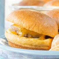 Close up of an apple turkey sausage breakfast slider.