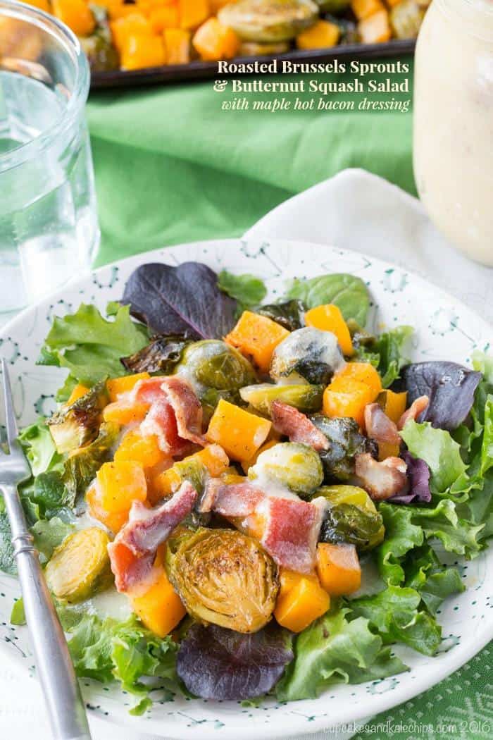 Roasted Brussels Sprouts and Butternut Squash Salad with Hot Bacon Dressing - a salad recipe that will have you craving your leafy greens even in the winter! | cupcakesandkalechips.com | gluten free, paleo option