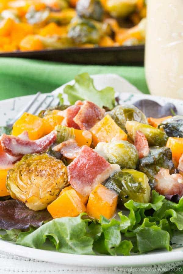 Roasted Brussels Sprouts and Butternut Squash Salad with Hot Bacon Dressing - a salad recipe that will have you craving your leafy greens even in the winter! | cupcakesandkalechips.com | gluten free, paleo option