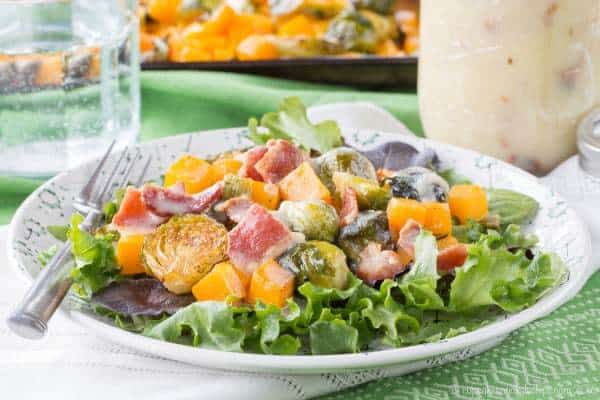 Roasted Brussels Sprouts and Butternut Squash Salad with Hot Bacon Dressing - a salad recipe that will have you craving your leafy greens even in the winter! | cupcakesandkalechips.com | gluten free, paleo option