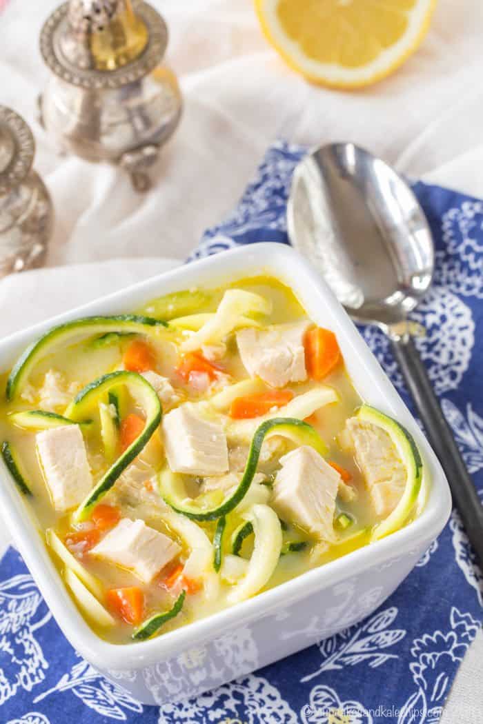 Avgolemono Greek Chicken Zoodle Soup from above