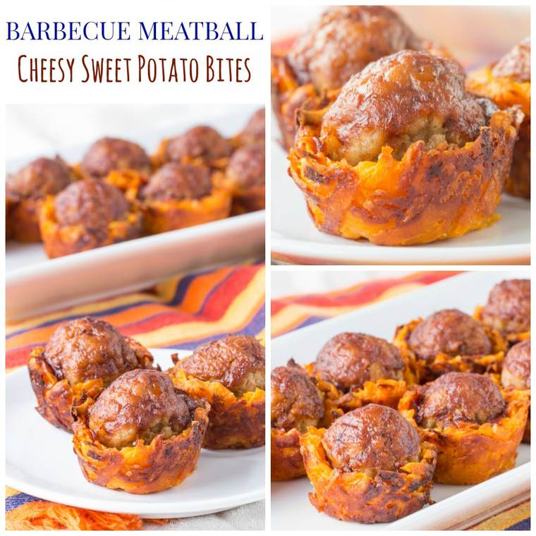 Cheesy Sweet Potato BBQ Meatball Bites photo collage.