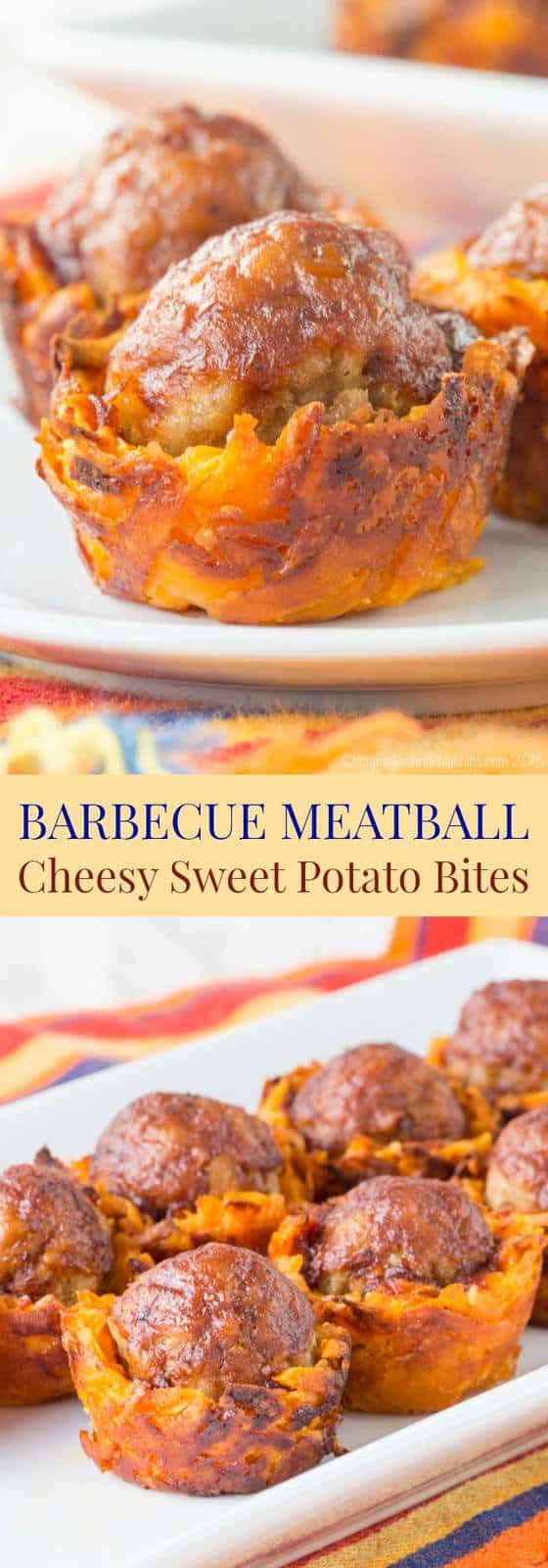Pinterest title image for Cheesy Sweet Potato BBQ Meatball Bites
