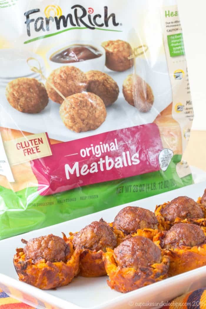 Cheesy Sweet Potato BBQ Meatball Bites with a bag of frozen meatballs in the background.