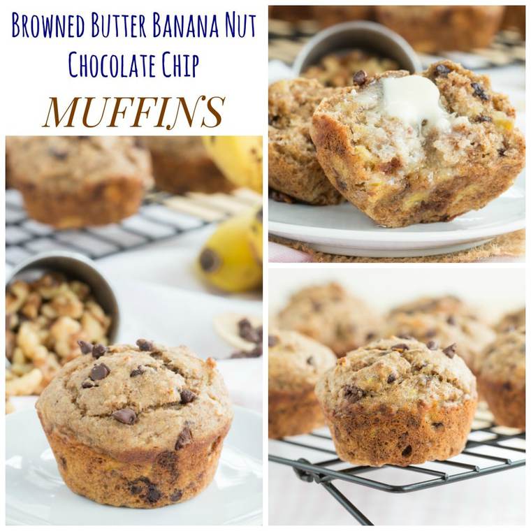 Photo collage of Browned Butter Banana Chocolate Chip Muffins.