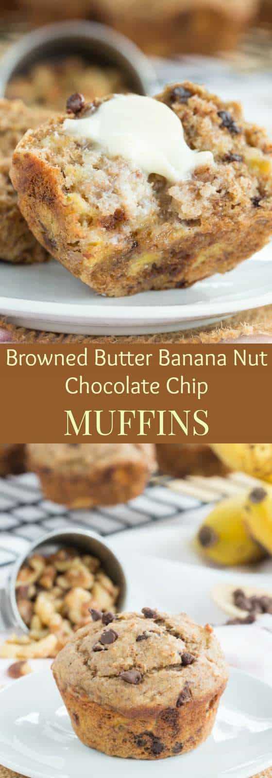 Pinterest title image and photo collage for Browned Butter Banana Chocolate Chip Muffins.