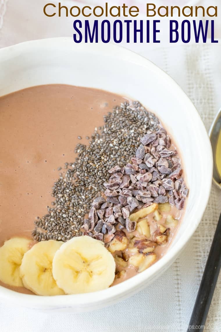 Chocolate Banana Smoothie Bowl with toppings of chia seeds, walnuts, cacao nibs, and sliced bananas