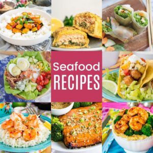 A three-by-three collage of various shrimp, salmon, and other fish and shellfish dishes with a pink box in the middle with text overlay that says "Seafood Recipes".