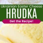 Two photos of a sliced ball of cheese in a crystal dish, the bottom one closeup, divided by a green box with text overlay that says "Ukrainian Easter Cheese Hrudka" and the words "Get the Recipe!".