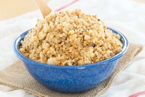 Brown Butter Cauliflower Rice in a blue bowl