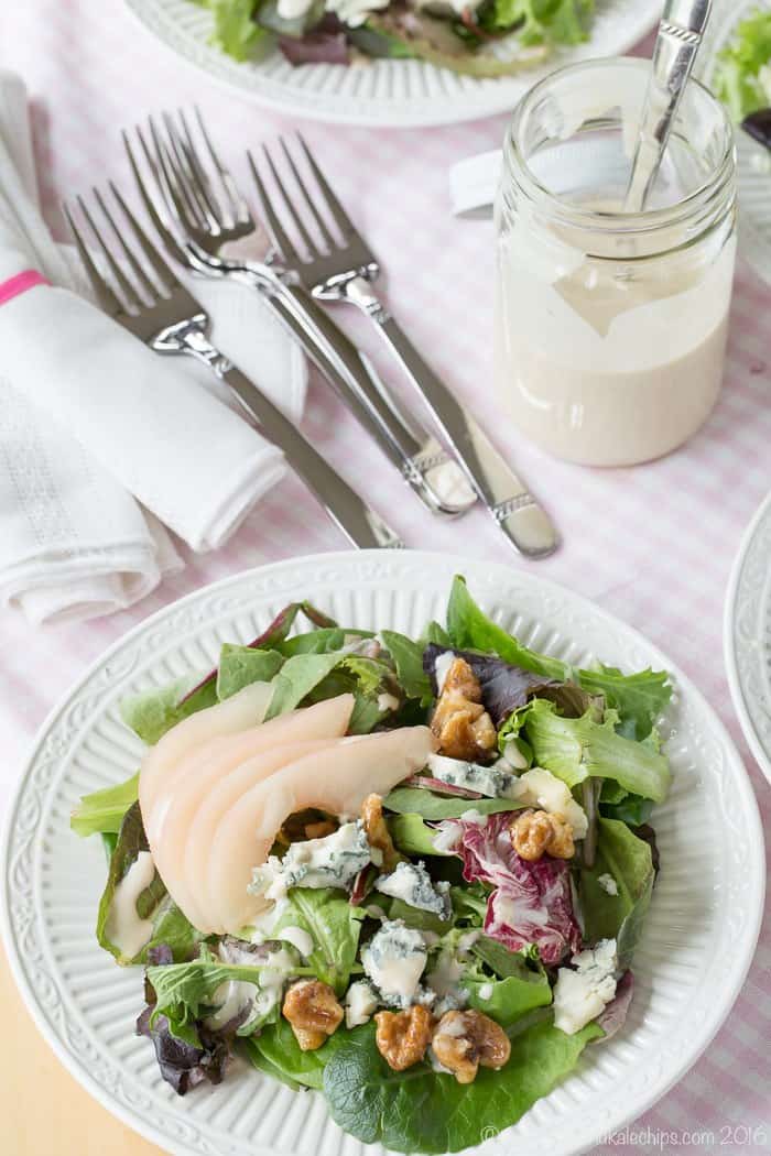 Italian Country Salad with pears and blue cheese drizzled with a creamy dressing