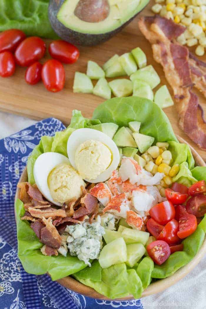 Overhead of Lobster Cobb Salad in a bowl