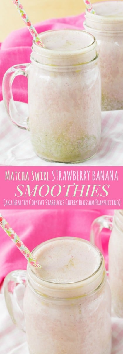 Matcha Swirl Strawberry Banana Smoothies - fuel up with this smoothie recipe that's a healthy copycat of the Starbucks Cherry Blossom Frappuccino | cupcakesandkalechips.com