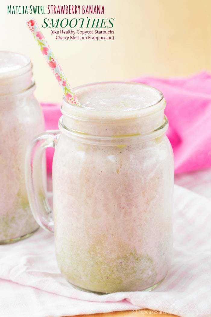 Matcha Swirl Strawberry Banana Smoothies - fuel up with this smoothie recipe that's a healthy copycat of the Starbucks Cherry Blossom Frappuccino | cupcakesandkalechips.com