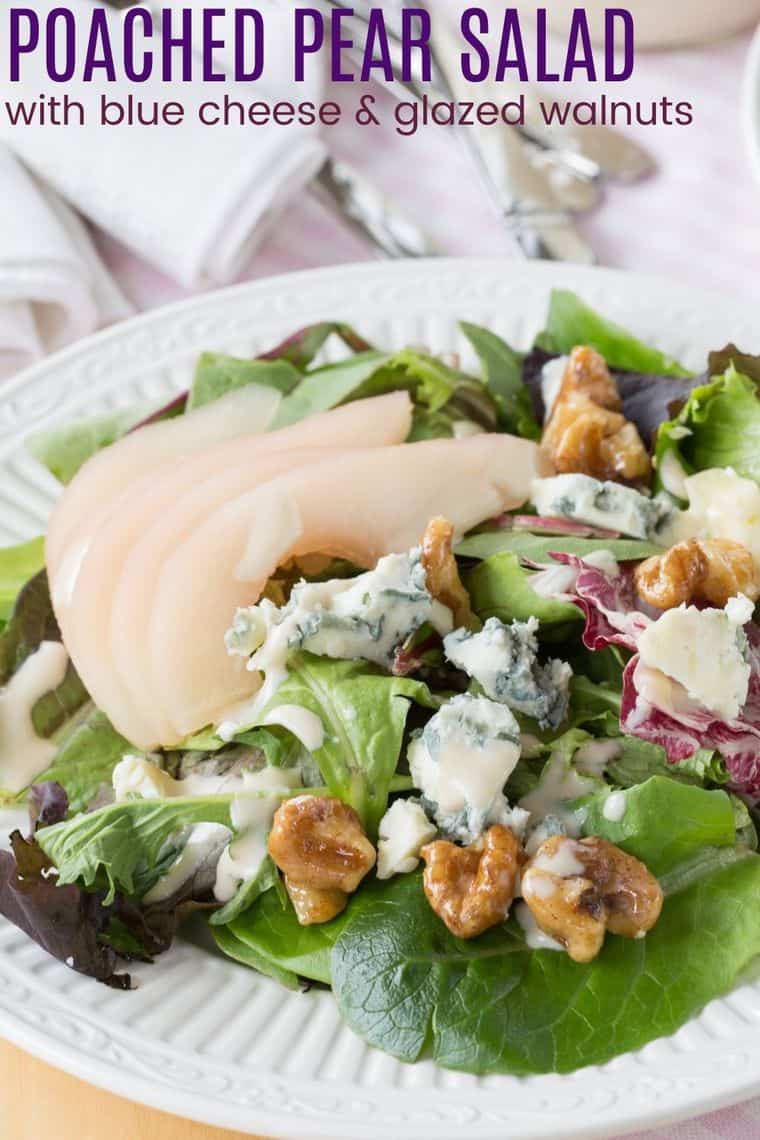 Poached Pear Salad with Blue Cheese and Glazed Walnuts Recipe Image with title