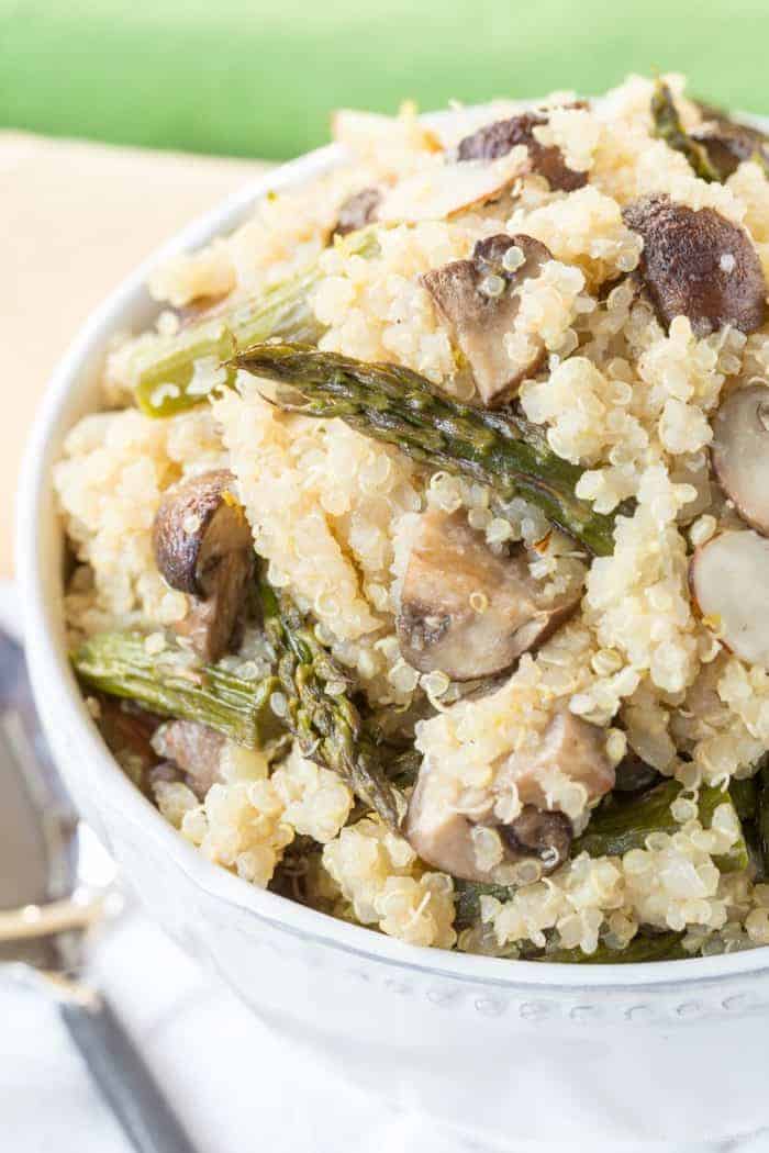 Close up of Quinoa Pilaf with Roasted Asparagus and Mushrooms