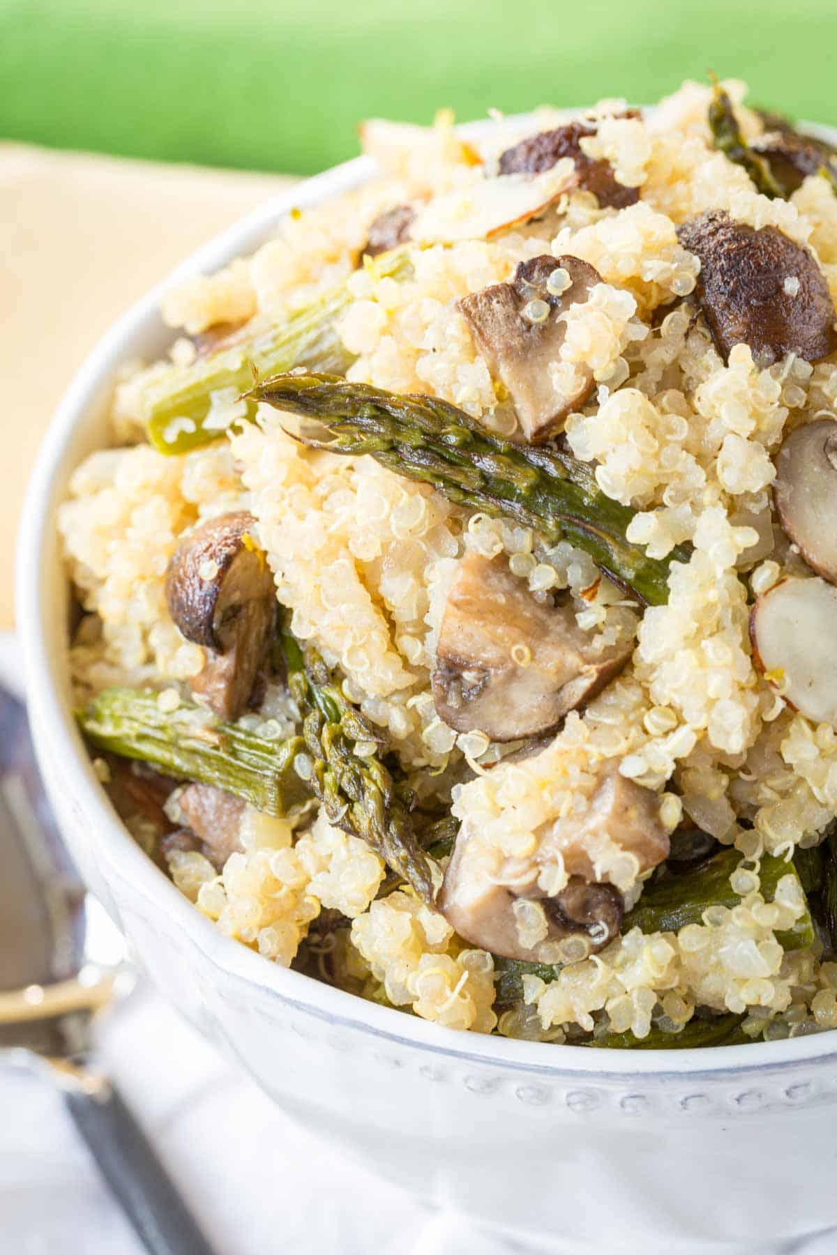 Close up of Quinoa Pilaf with Roasted Asparagus and Mushrooms