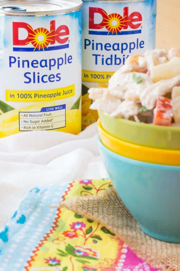 Cans of Dole Pineapple behind Tropical Chicken Salad