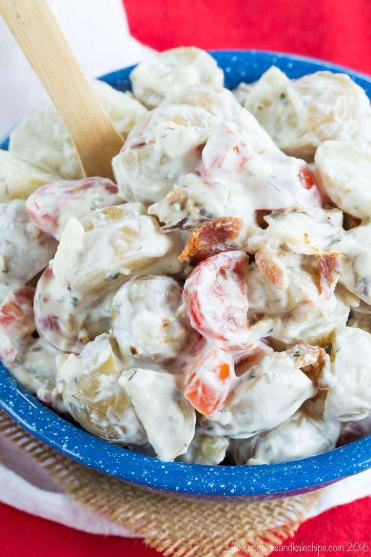 Overhead of Cheddar Bacon Ranch Potato Salad 