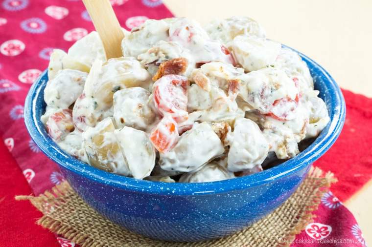 Cheddar Bacon Ranch Greek Yogurt Potato Salad in a serving bowl