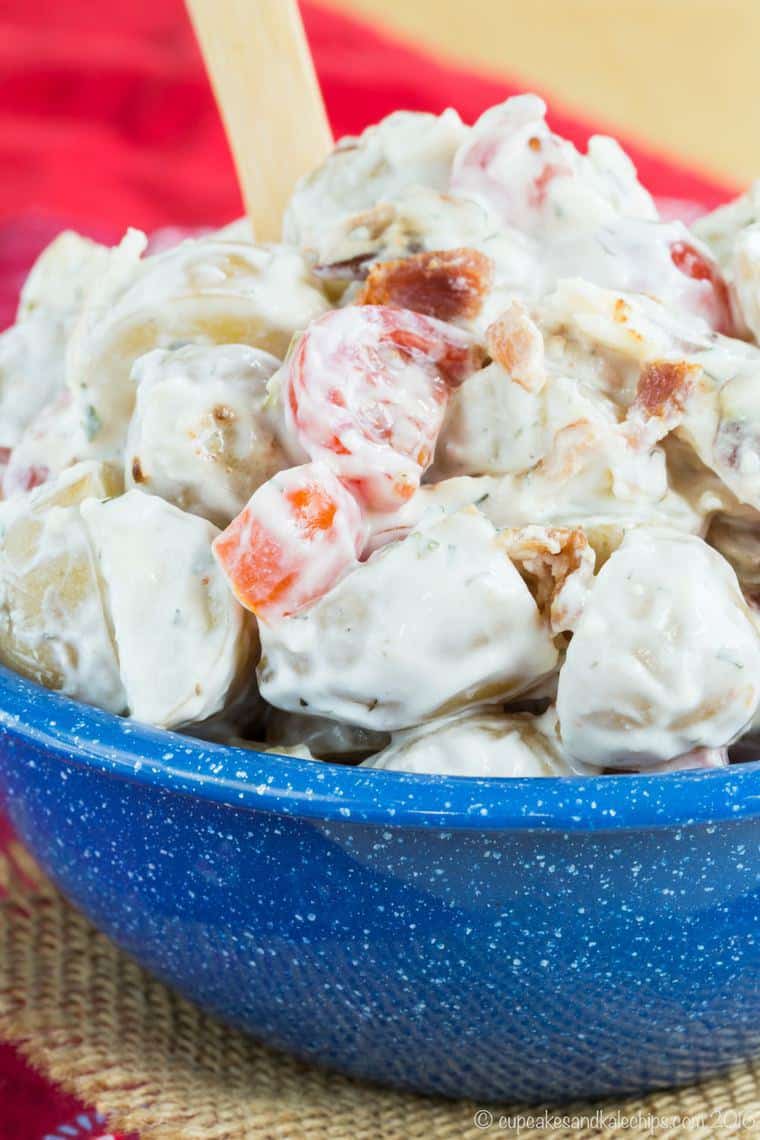 Cheddar Bacon Ranch Potato Salad with tomatoes and Greek yogurt