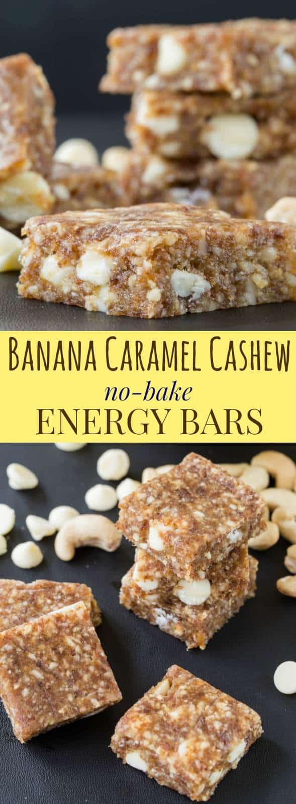 Pinterest title image for Banana Caramel Cashew No-Bake Energy Bars.