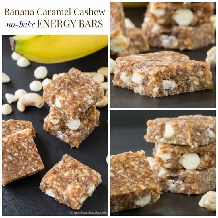 Photo collage and title image for Banana Caramel Cashew No-Bake Energy Bars.
