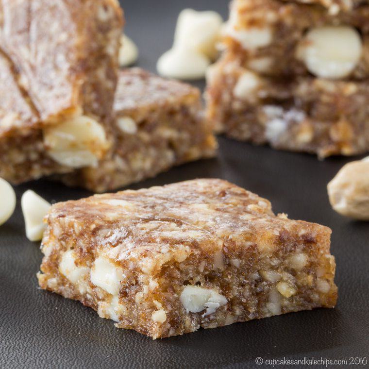 Banana caramel cashew no-bake energy bars on a grey countertop.