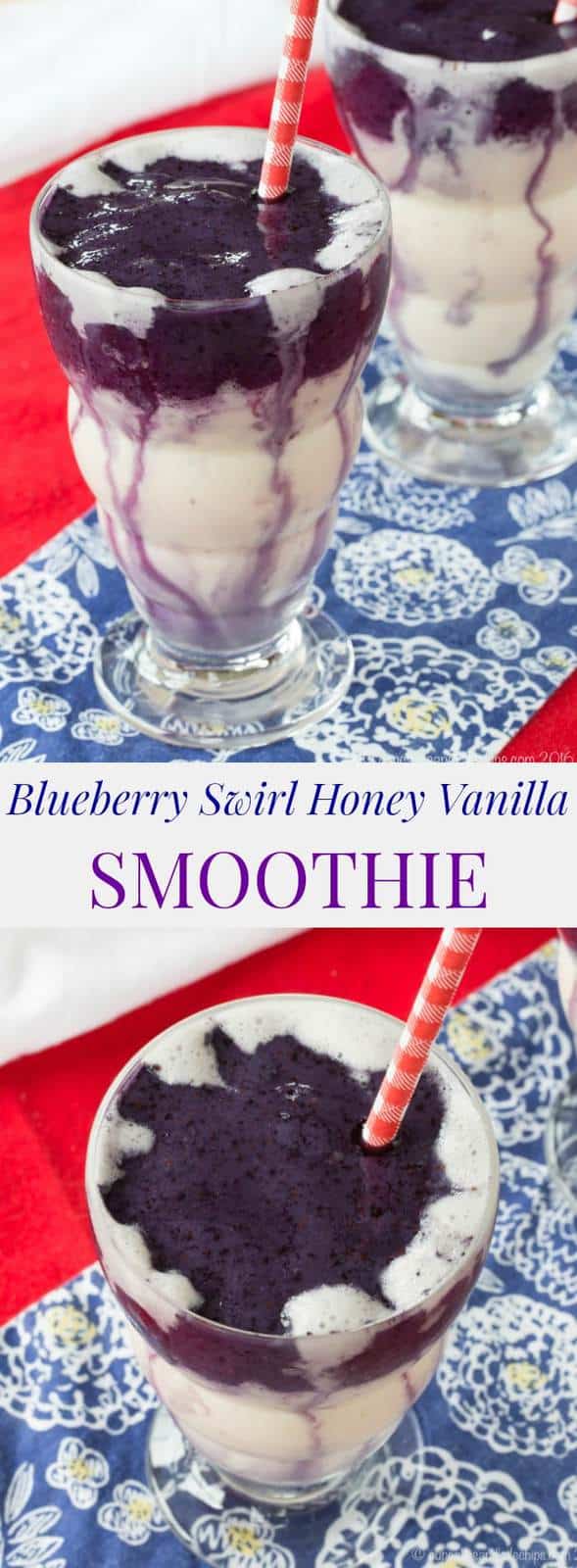 Blueberry Swirl Honey Vanilla Smoothie - this smoothie recipe is as easy and delicious as it is pretty. You'll love these creamy and sweet smoothies. | cupcakesandkalechips.com