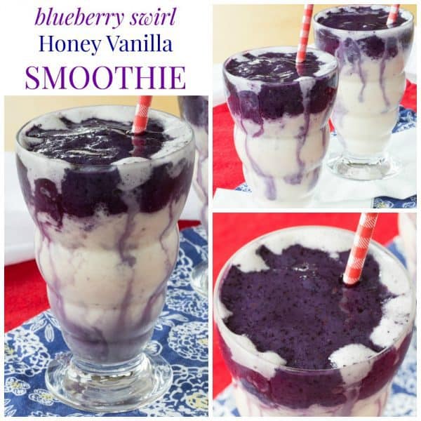 Blueberry Swirl Honey Vanilla Smoothie - this smoothie recipe is as easy and delicious as it is pretty. You'll love these creamy and sweet smoothies. | cupcakesandkalechips.com