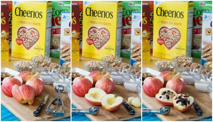 How to Make Cereal and Yogurt Stuffed Apples for a fun and nutritious after-school snack. Try these eight tasty combos or come up with your favorite, with gluten free, nut free, and peanut free options. #ad | cupcakesandkalechips.com