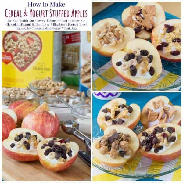 How to Make Cereal and Yogurt Stuffed Apples for a fun and nutritious after-school snack. Try these eight tasty combos or come up with your favorite, with gluten free, nut free, and peanut free options. #ad | cupcakesandkalechips.com