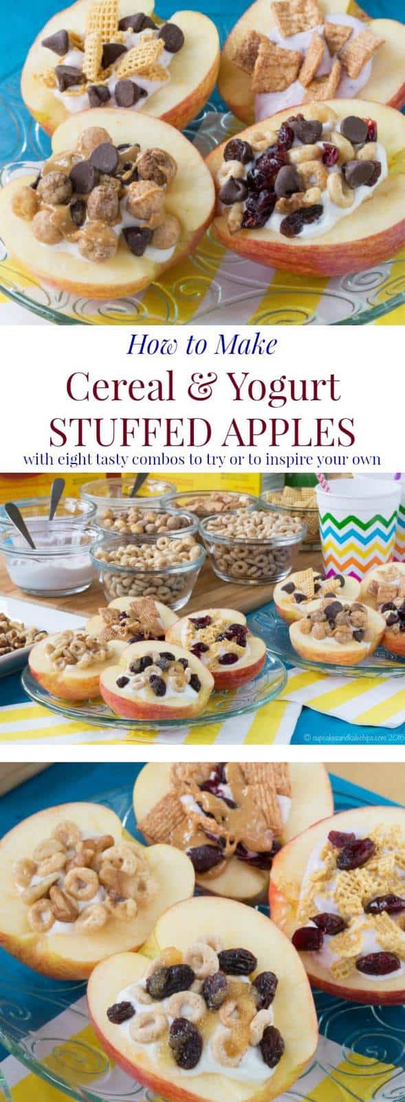 How to Make Cereal and Yogurt Stuffed Apples for a fun and nutritious after-school snack. Try these eight tasty combos or come up with your favorite. #ad | cupcakesandkalechips.com