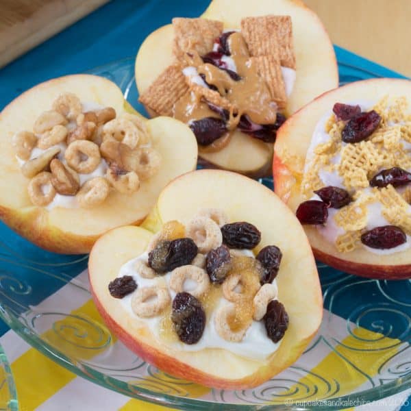 How to Make Cereal and Yogurt Stuffed Apples for a fun and nutritious after-school snack. Try these eight tasty combos or come up with your favorite, with gluten free, nut free, and peanut free options. #ad | cupcakesandkalechips.com