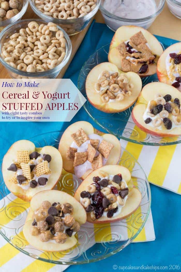 How to Make Cereal and Yogurt Stuffed Apples for a fun and nutritious after-school snack. Try these eight tasty combos or come up with your favorite, with gluten free, nut free, and peanut free options. #ad | cupcakesandkalechips.com