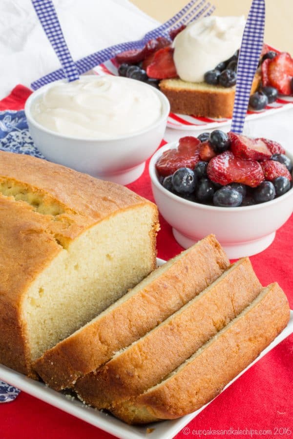 Gluten Free Potato Pound Cake with Berries and Greek Yogurt - a simple and delicious slice topped with plenty of fresh strawberries and blueberries is a perfect summer dessert recipe. | cupcakesandkalechips.com