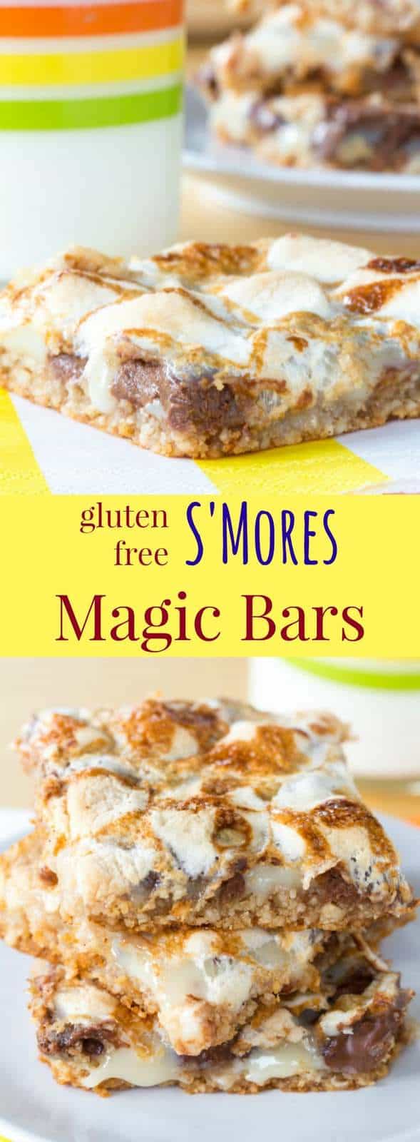Gluten Free S'Mores Magic Bars - combine two favorite dessert recipes into one gooey treat filled with chocolate and marshmallows. And the mock flourless graham cracker crust is so easy! | cupcakesandkalechips.com
