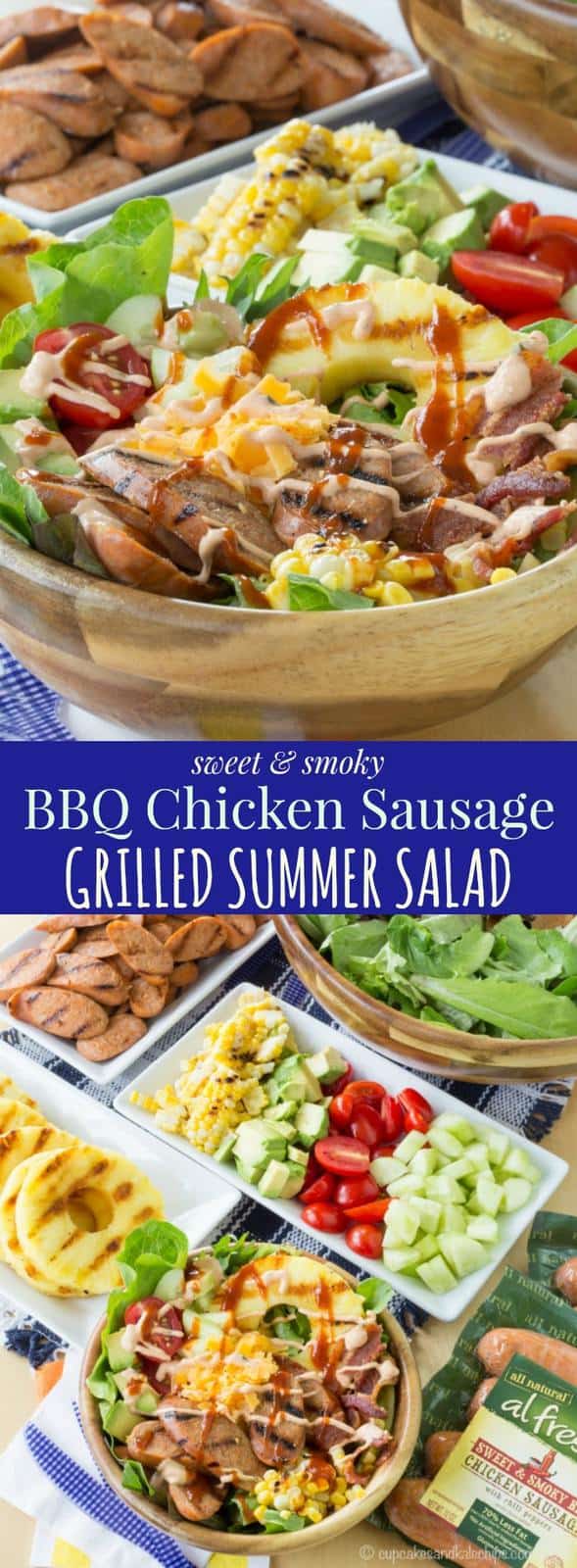 Sweet and Smoky BBQ Chicken Sausage Grilled Summer Salad - set up a salad bar filled with toppings from the grill including @alfrescogourmet Sweet & Smoky BBQ Chicken Sausage for easy summer entertaining! #grillalfresco #ad | cupcakesandkalechips.com | gluten free