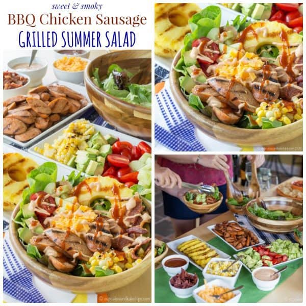 Sweet and Smoky BBQ Chicken Sausage Grilled Summer Salad - set up a salad bar filled with toppings from the grill including @alfrescogourmet Sweet & Smoky BBQ Chicken Sausage for easy summer entertaining! #grillalfresco #ad | cupcakesandkalechips.com | gluten free