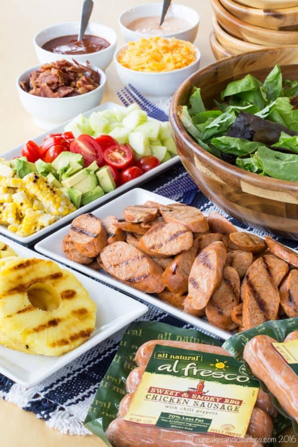 Sweet and Smoky BBQ Chicken Sausage Grilled Summer Salad - set up a salad bar filled with toppings from the grill including @alfrescogourmet Sweet & Smoky BBQ Chicken Sausage for easy summer entertaining! #grillalfresco #ad | cupcakesandkalechips.com | gluten free